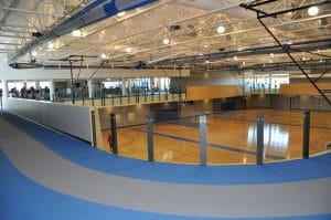 Track and lower view of basketball courts.