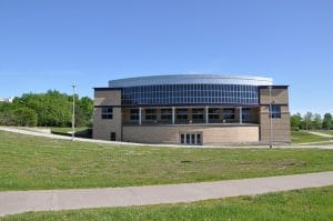 Front of brick building.